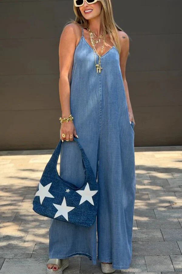 Back Cross Slip Pocket Wide Leg Denim Jumpsuit