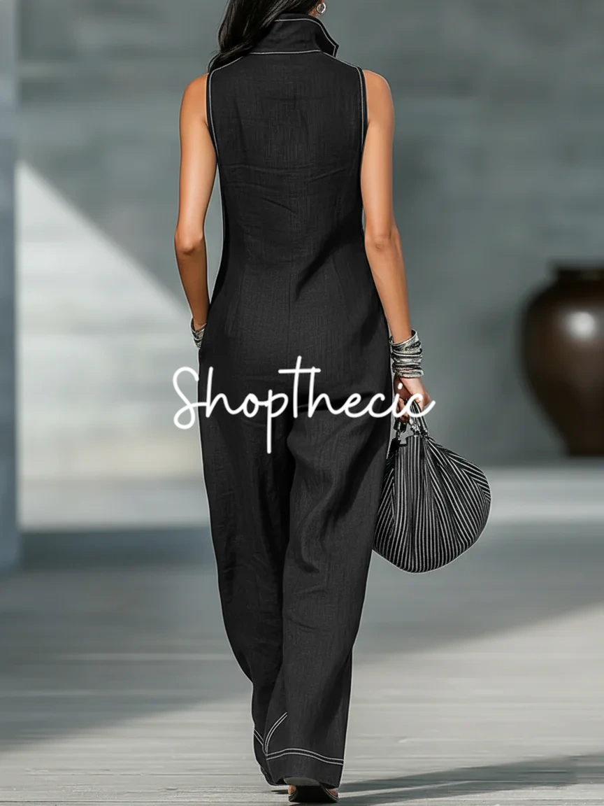 Minimalist Stand Collar Trim Sleeveless Jumpsuit
