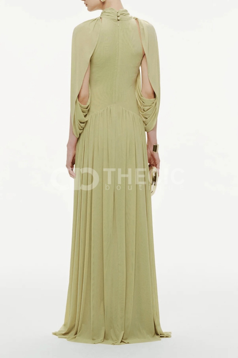 Light green high-neck cross-sleeve fitted evening dress