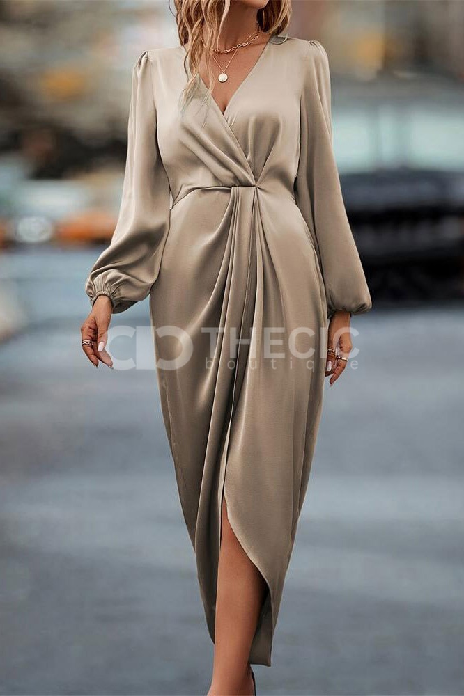 Puff-sleeved long-sleeved irregular slit midi dress