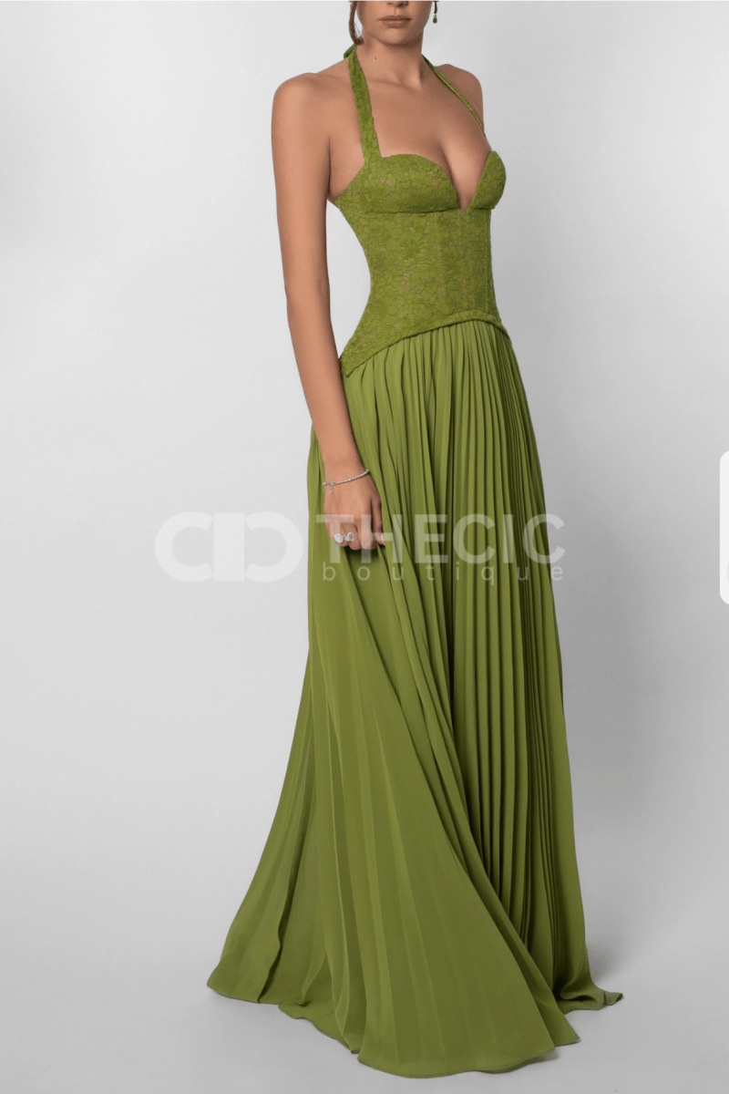 Frosty Iris halter neck low-cut pleated maxi dress