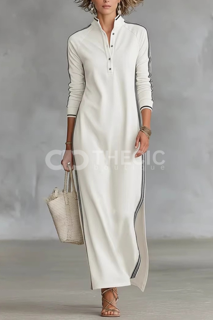 Minimalist White-trimmed Button-down Collar Sweatshirt Dress