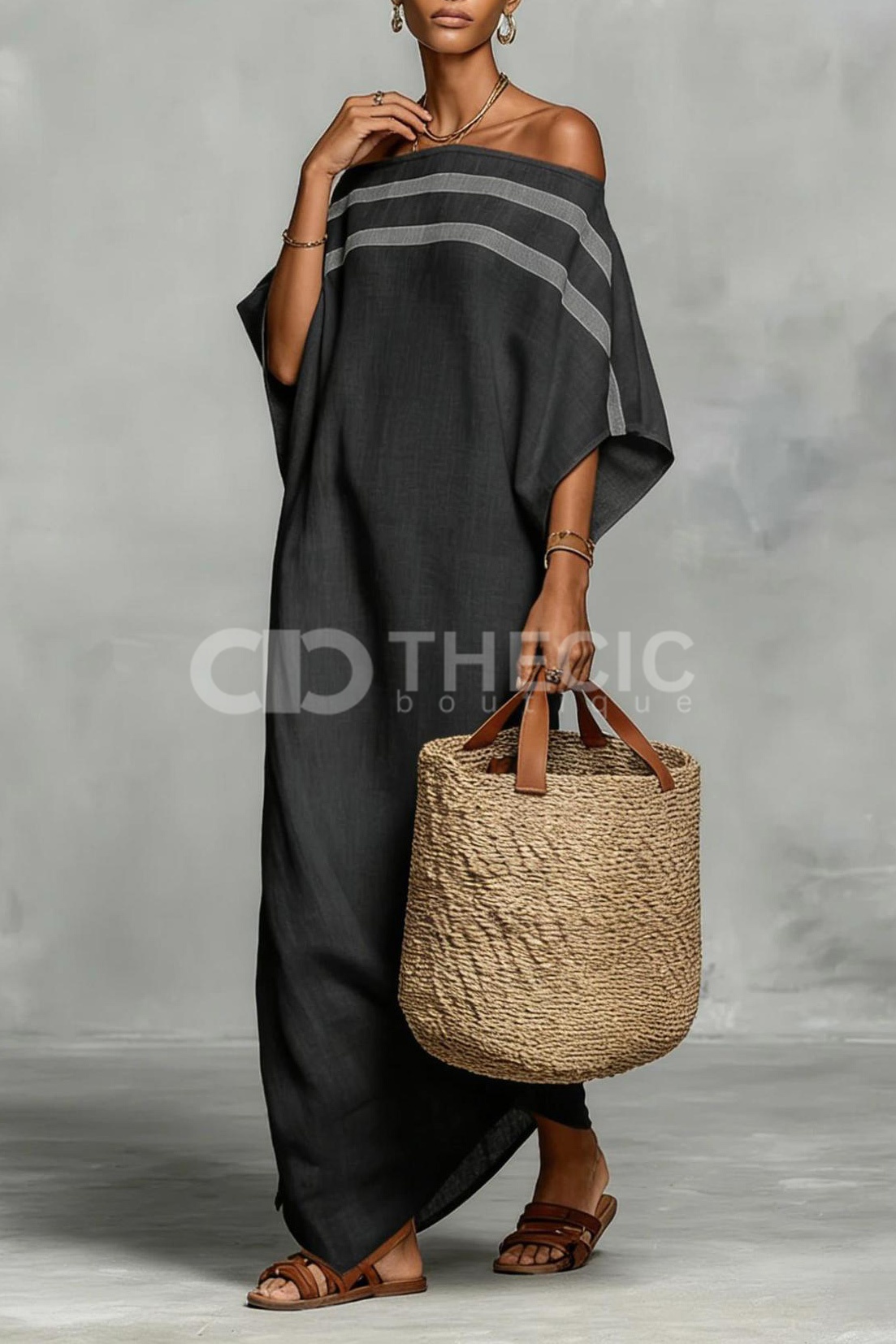 Loose-fitting striped off-shoulder batwing sleeve resort maxi dress