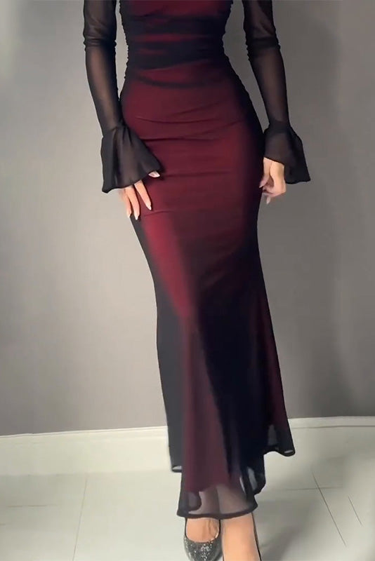 Burgundy long-sleeved tube-top hip-hugging slim dress