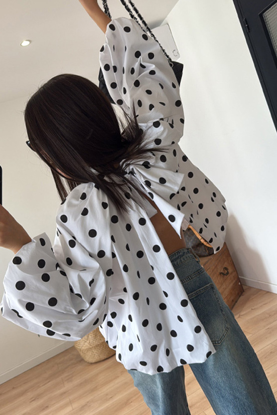 Polka Dot Turtleneck Knotted Back Slit Blouse