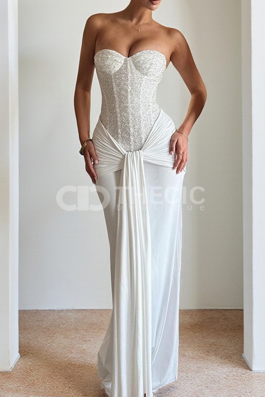 Off-shoulder strapless long belt fitted evening gown
