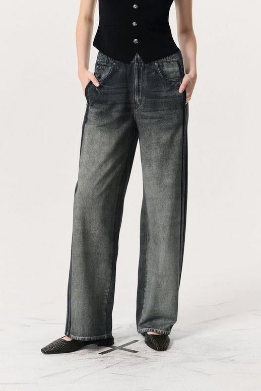 Side-decorated elastic waist straight leg jeans