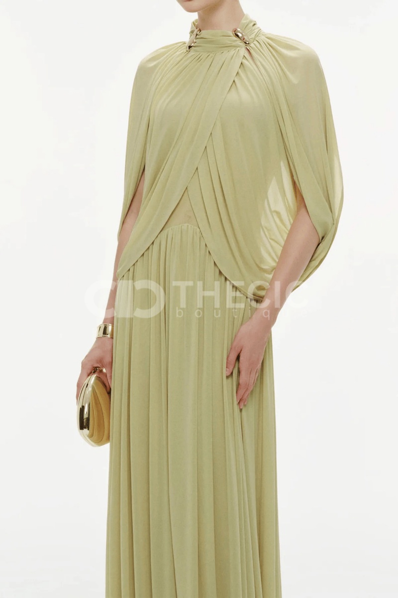 Light green high-neck cross-sleeve fitted evening dress