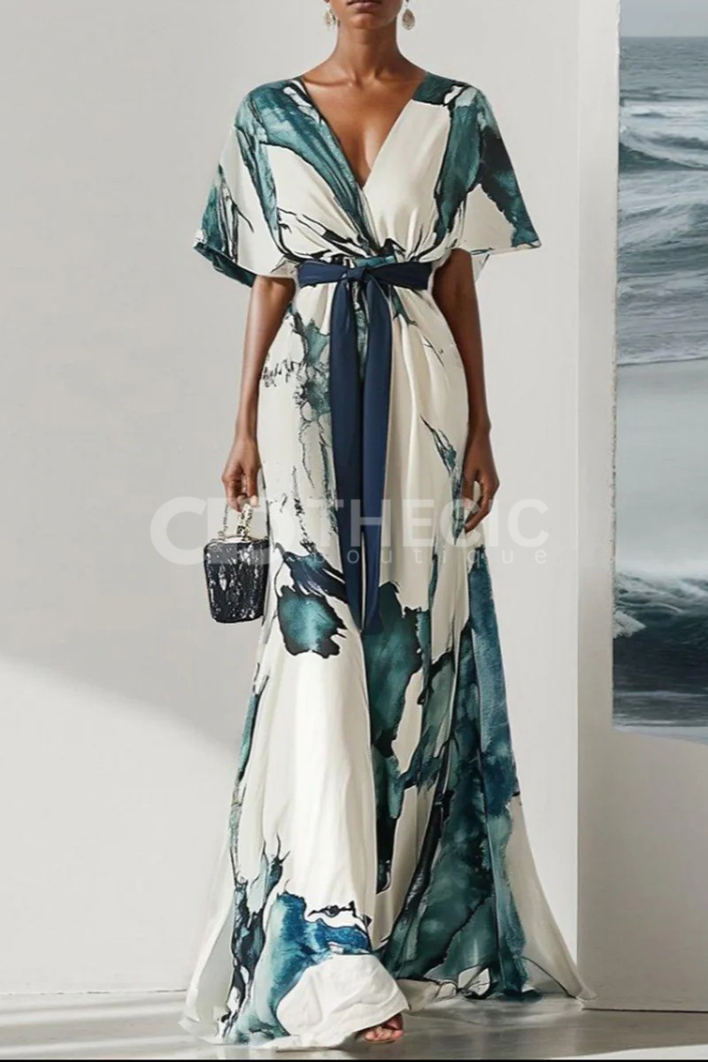 Elegant V-neck printed belted maxi dress
