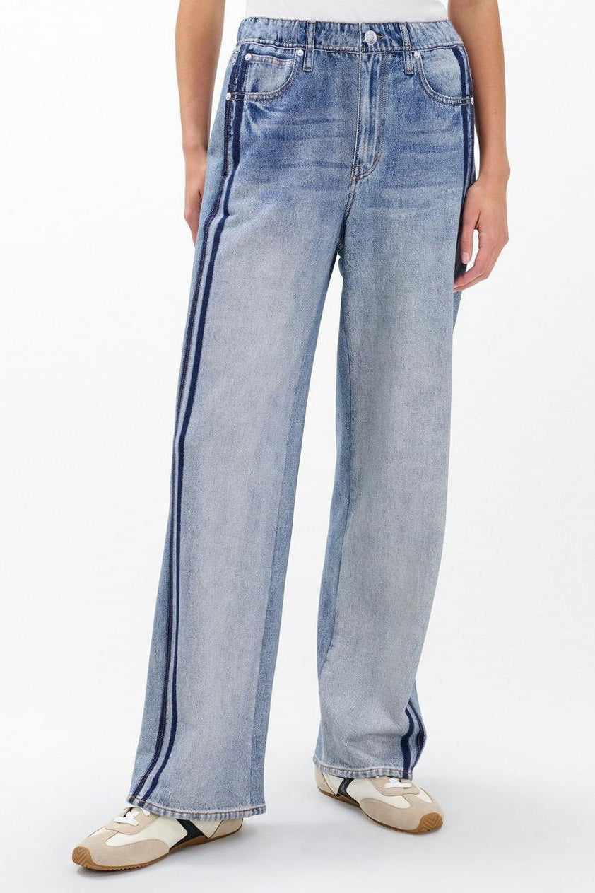 Side-decorated elastic waist straight leg jeans