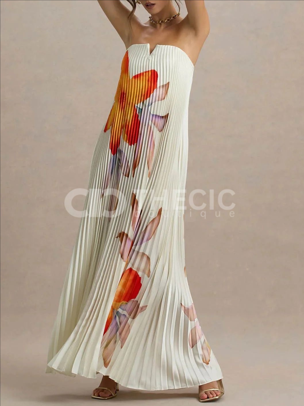 White printed strapless pleated maxi dress