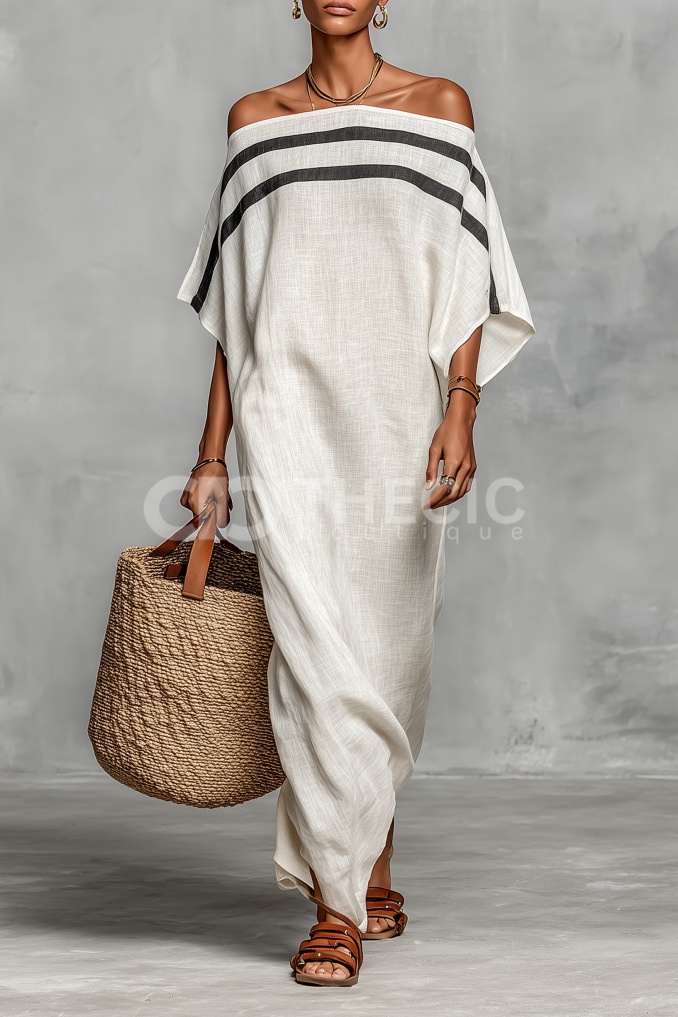 Loose-fitting striped off-shoulder batwing sleeve resort maxi dress