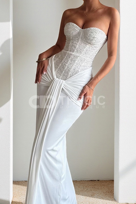 Off-shoulder strapless long belt fitted evening gown