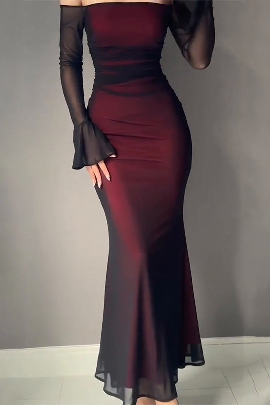 Burgundy long-sleeved tube-top hip-hugging slim dress