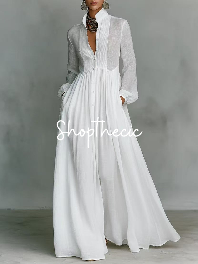 Cotton Linen Patchwork Single-breasted Stand-up Collar Maxi Dress