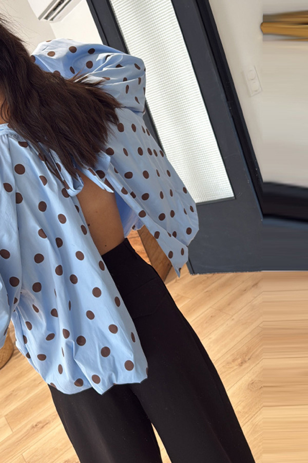 Polka Dot Turtleneck Knotted Back Slit Blouse