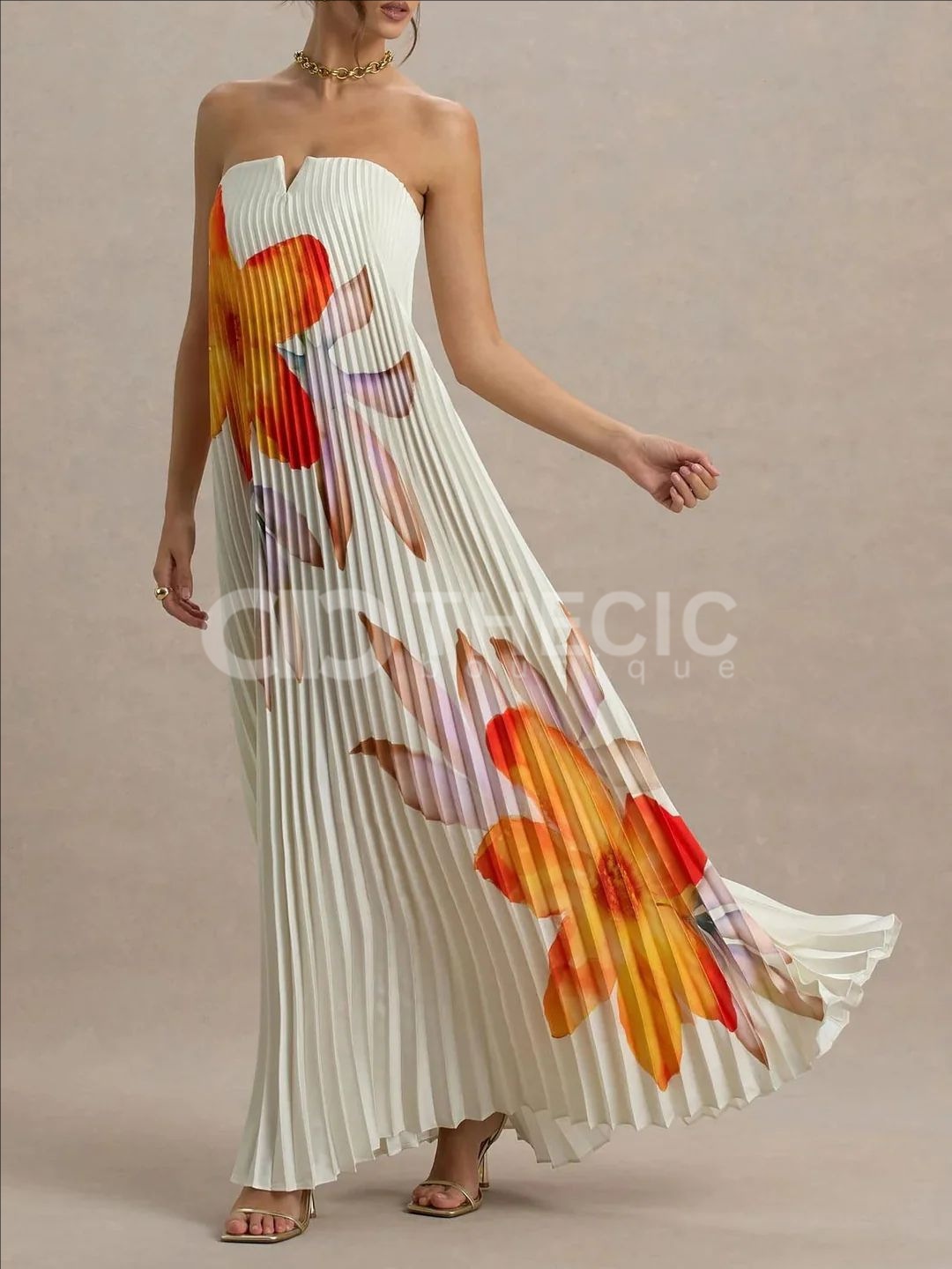 White printed strapless pleated maxi dress