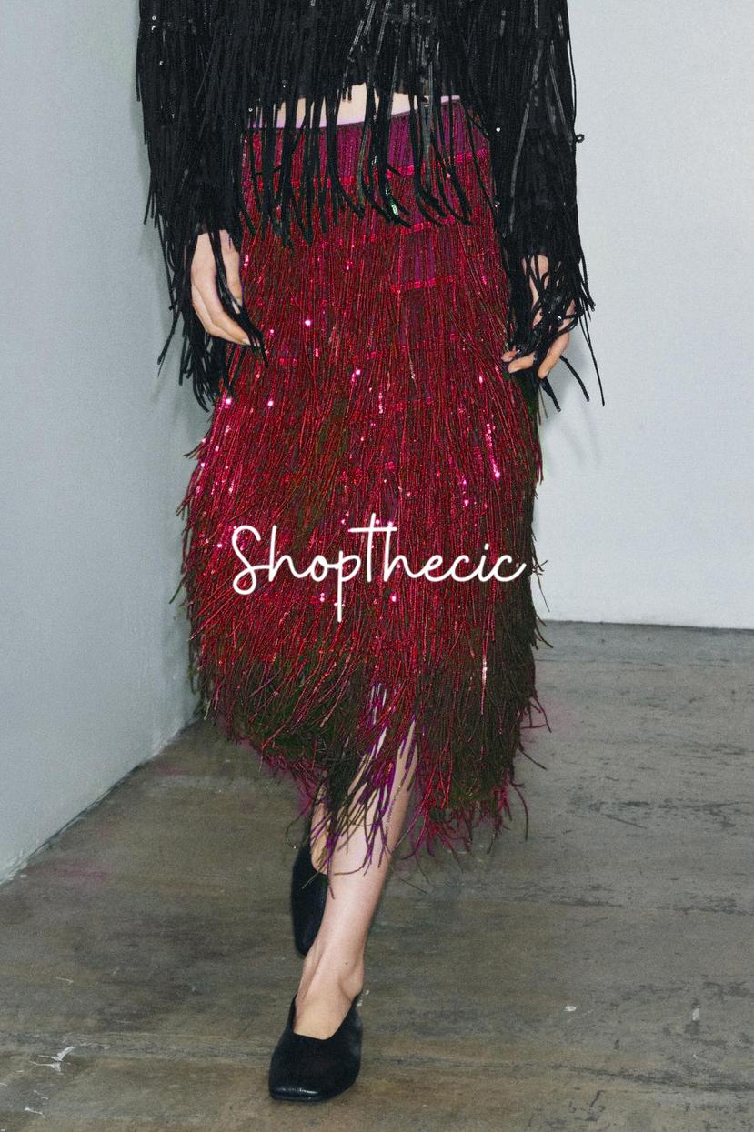 Tassel cuffs Shirt and sequined tassel skirt Two-piece set