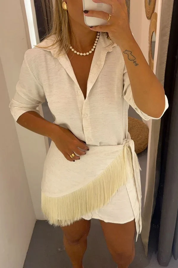 Solid Color Shirt and Tassel Tie-Up Skirt Set