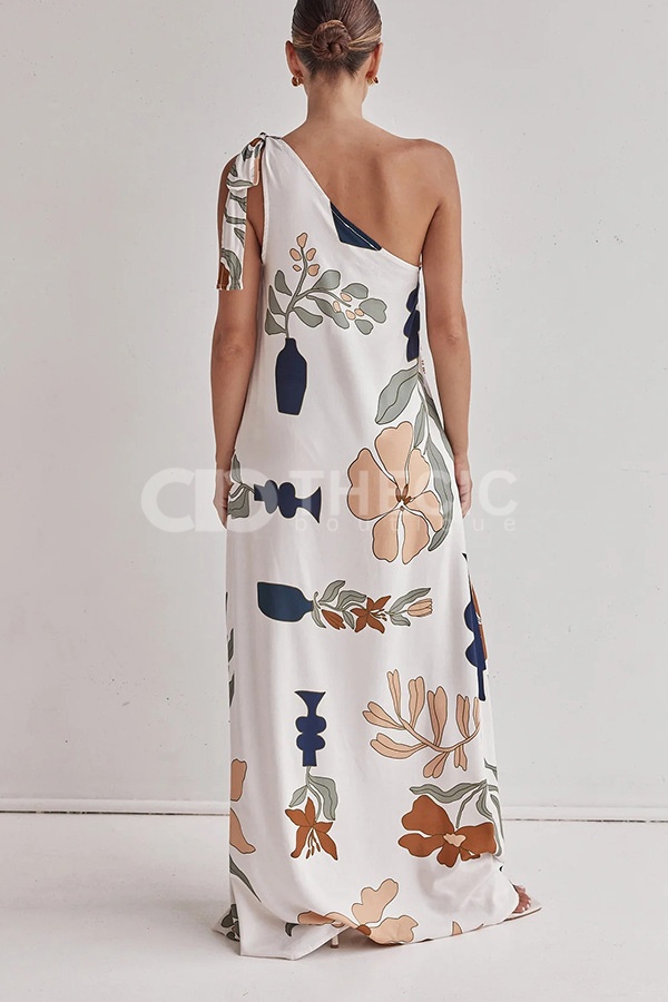 Abstract Botanical Print One-Shoulder Maxi Dress