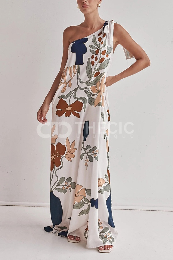 Abstract Botanical Print One-Shoulder Maxi Dress