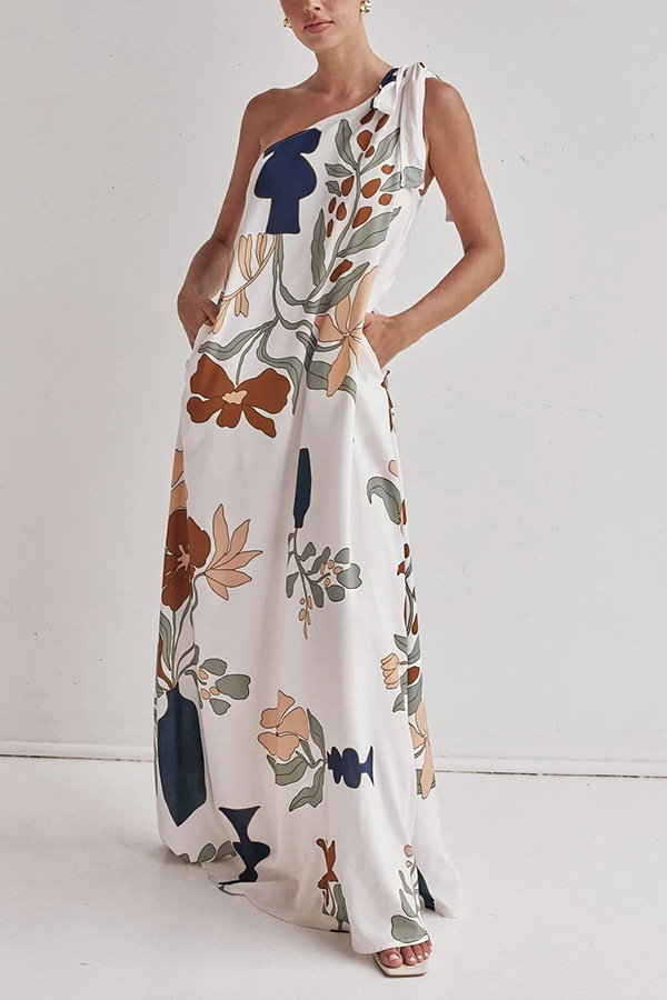 Abstract Botanical Print One-Shoulder Maxi Dress