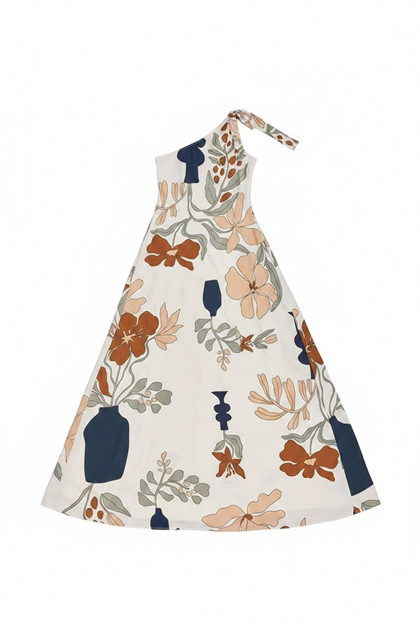 Abstract Botanical Print One-Shoulder Maxi Dress