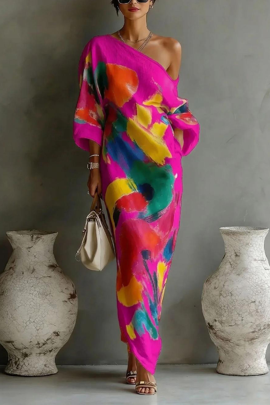 Abstract Print One-Shoulder Maxi Dress