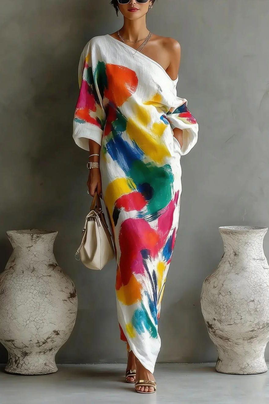 Abstract Print One-Shoulder Maxi Dress