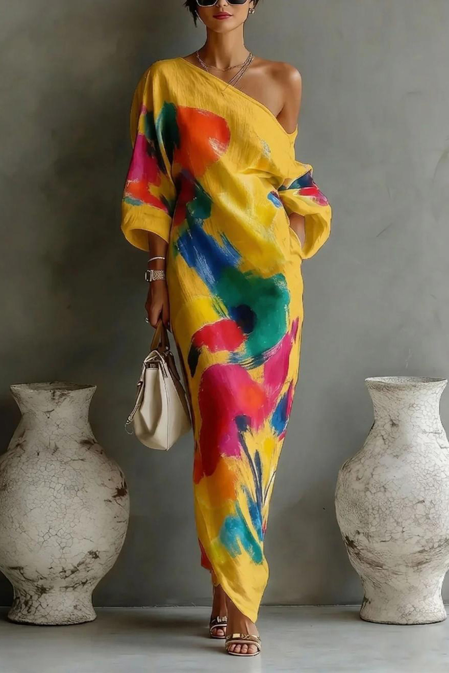Abstract Print One-Shoulder Maxi Dress