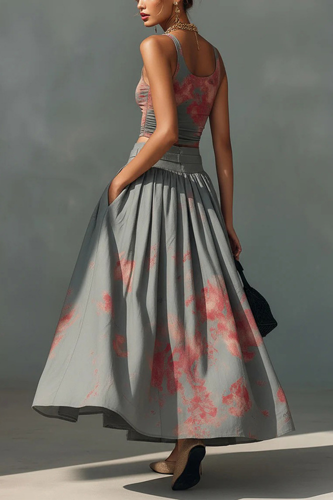 Abstract Print Pleated Crop Top Maxi Skirt Set