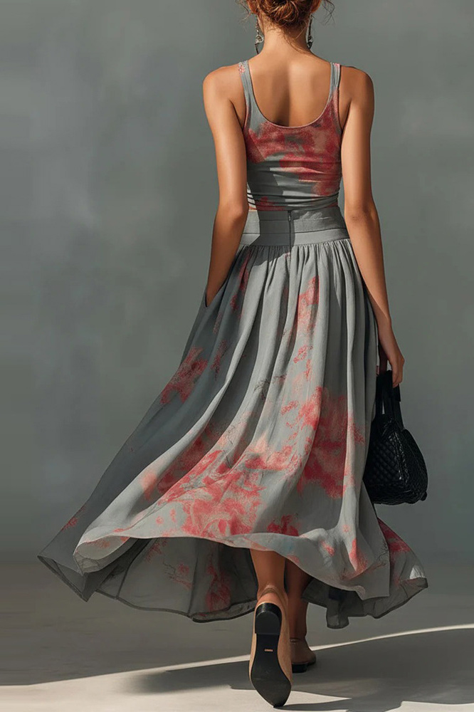 Abstract Print Pleated Crop Top Maxi Skirt Set