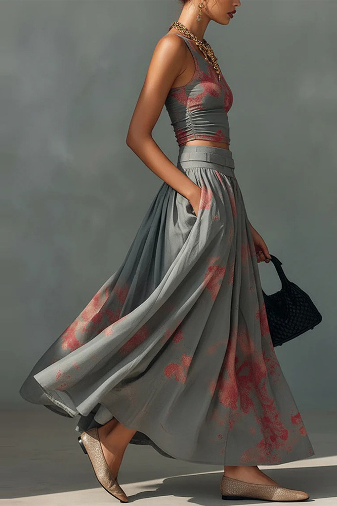 Abstract Print Pleated Crop Top Maxi Skirt Set