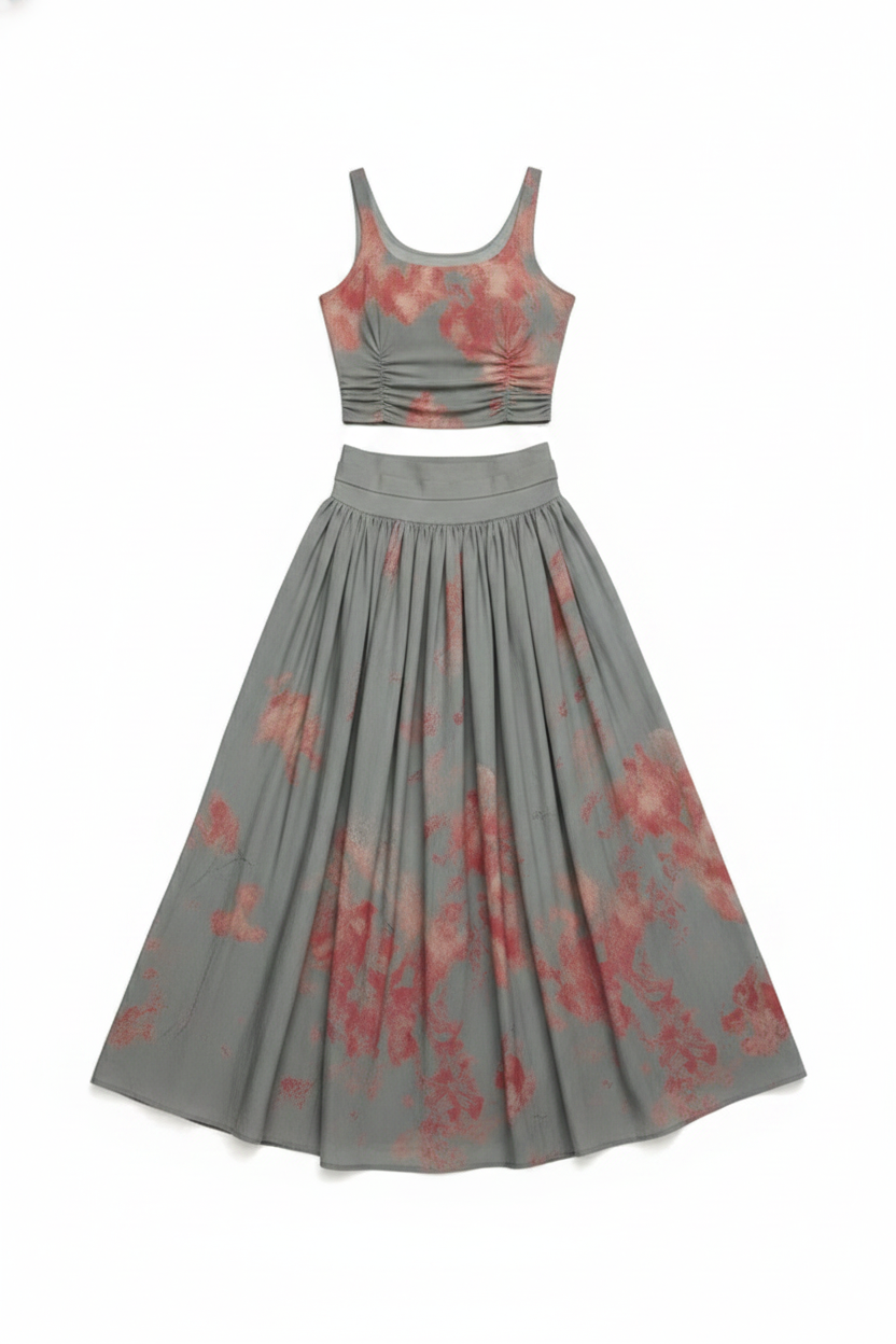 Abstract Print Pleated Crop Top Maxi Skirt Set