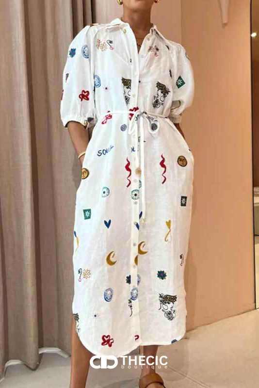Abstract Print Puff Sleeve Belted Midi Dress