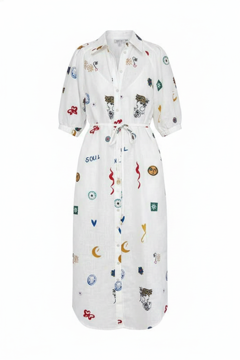 Abstract Print Puff Sleeve Belted Midi Dress