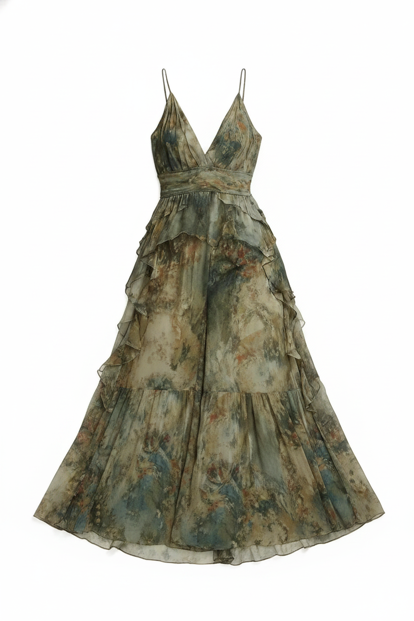 Abstract Print Ruffled Tiered V-Neck Maxi Dress
