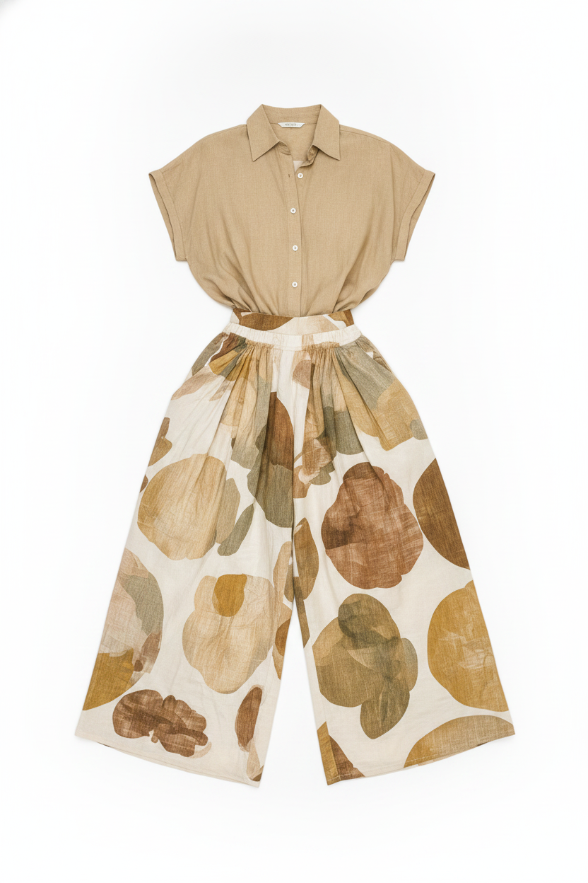 Abstract Print Wide-Leg Pants & Short Sleeve Shirt Set