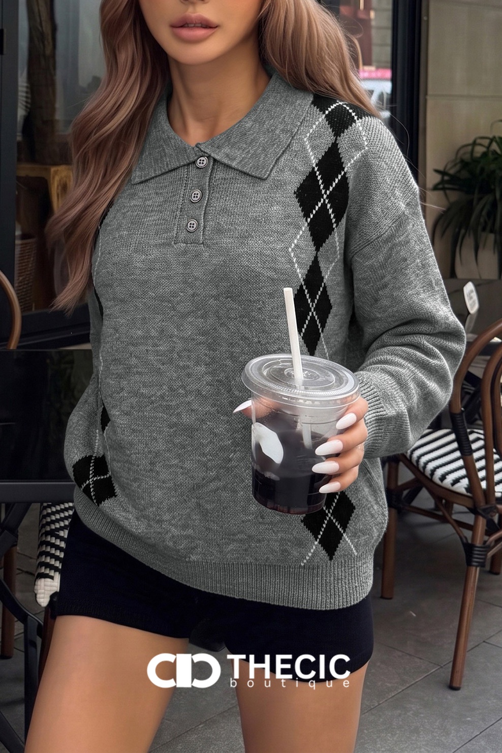 Argyle Knit Polo Collar Sweater