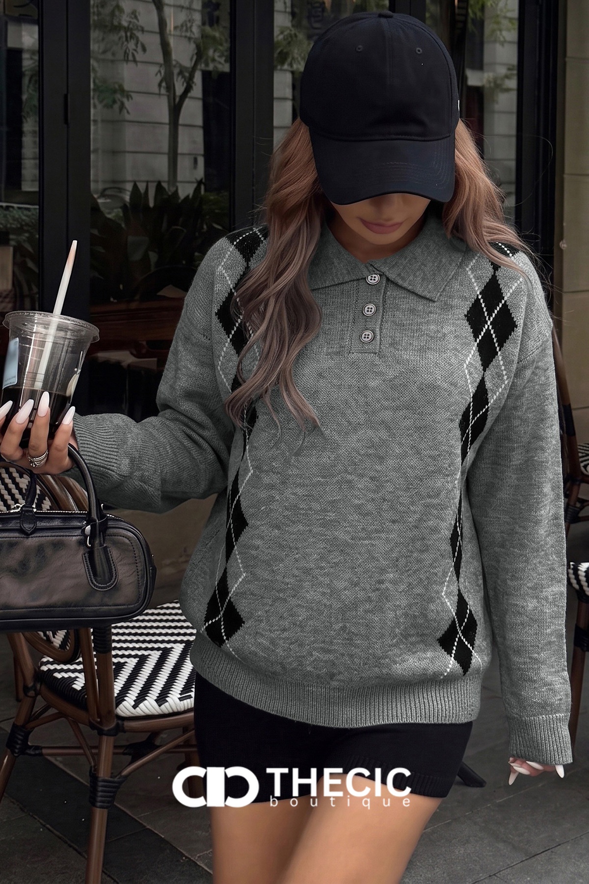 Argyle Knit Polo Collar Sweater