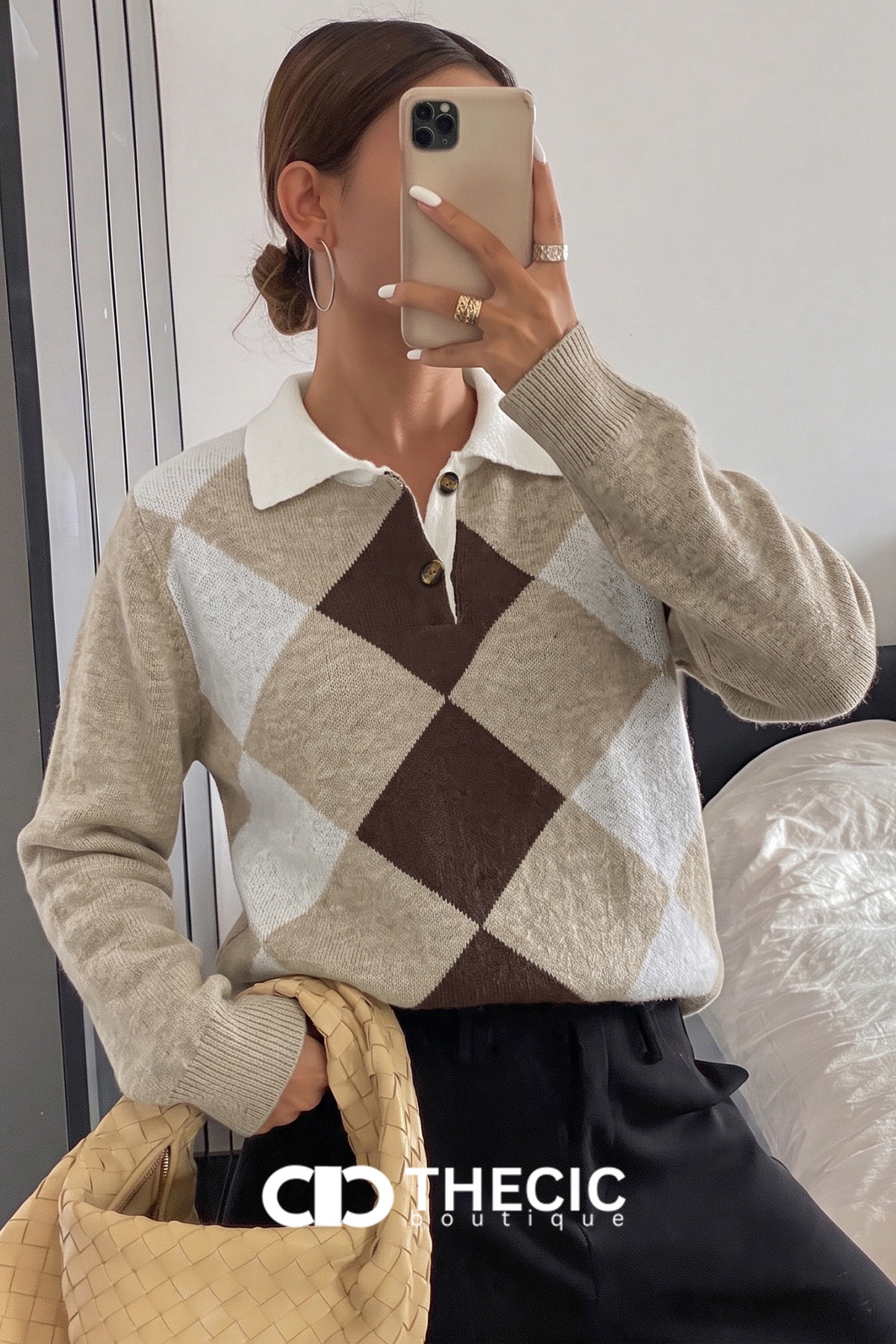 Argyle Pattern Knit Polo Collar Sweater