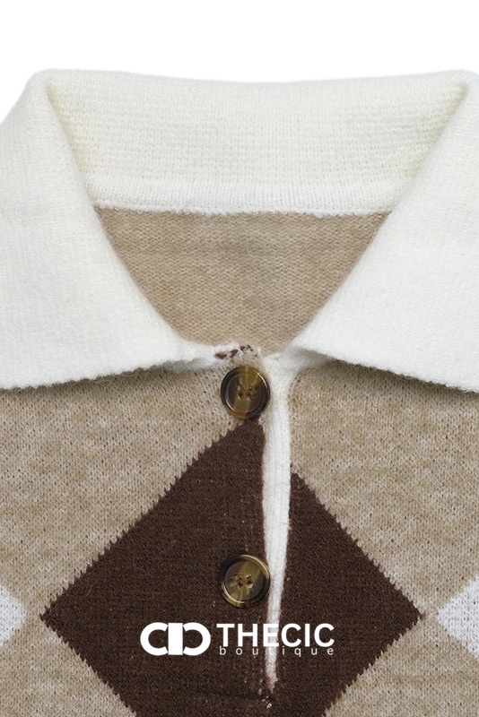 Argyle Pattern Knit Polo Collar Sweater