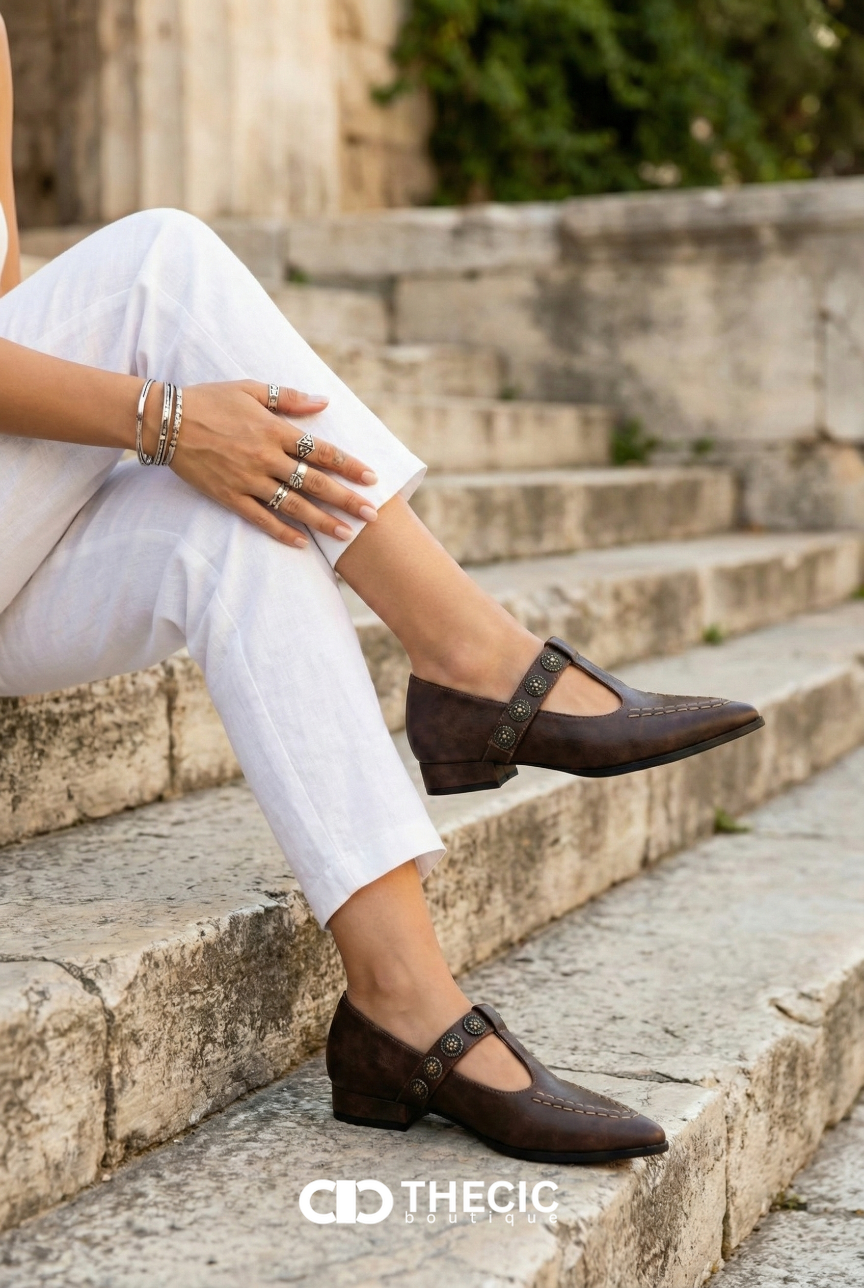 Artisan Embellished Pointed T-Strap Leather Flats