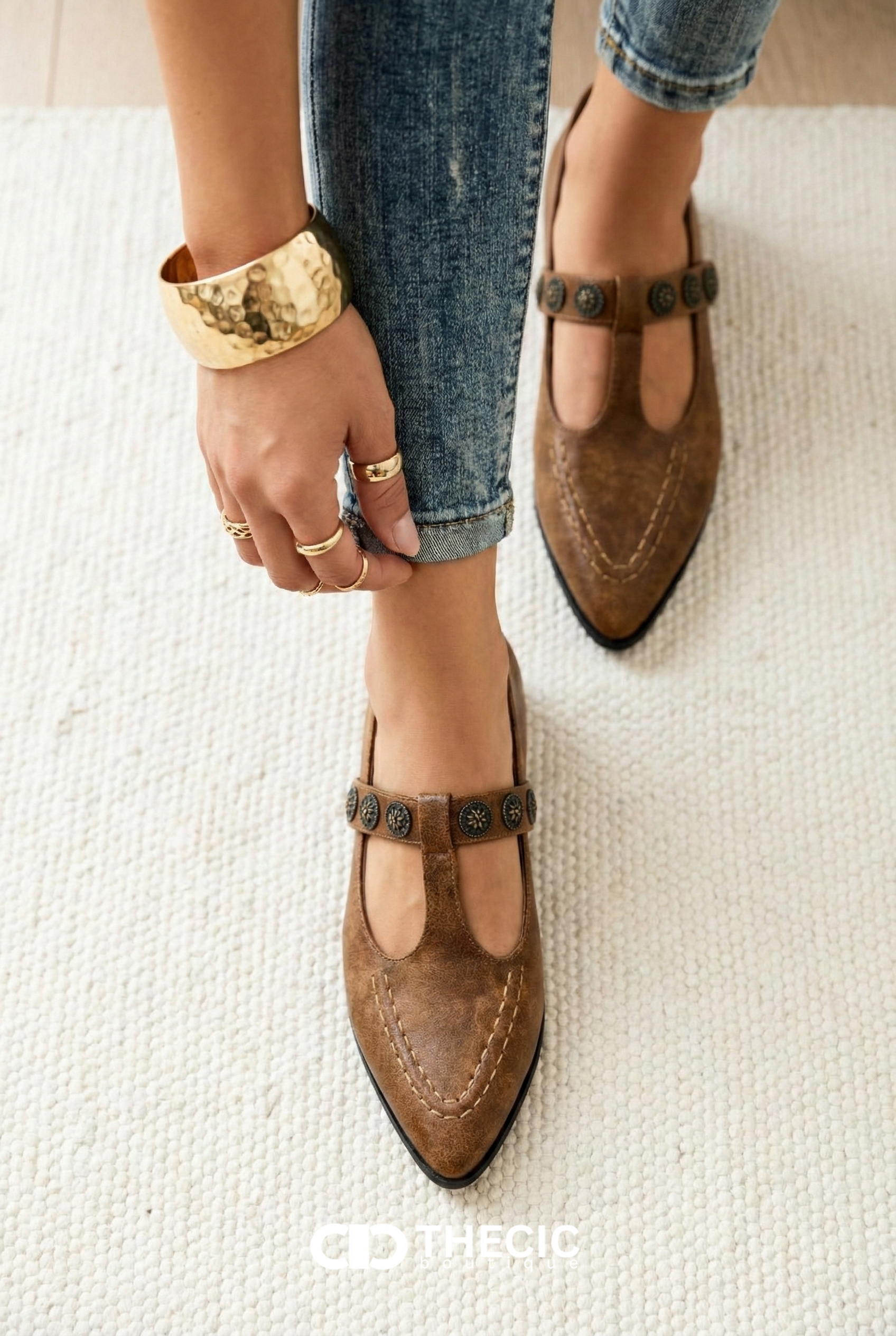 Artisan Embellished Pointed T-Strap Leather Flats