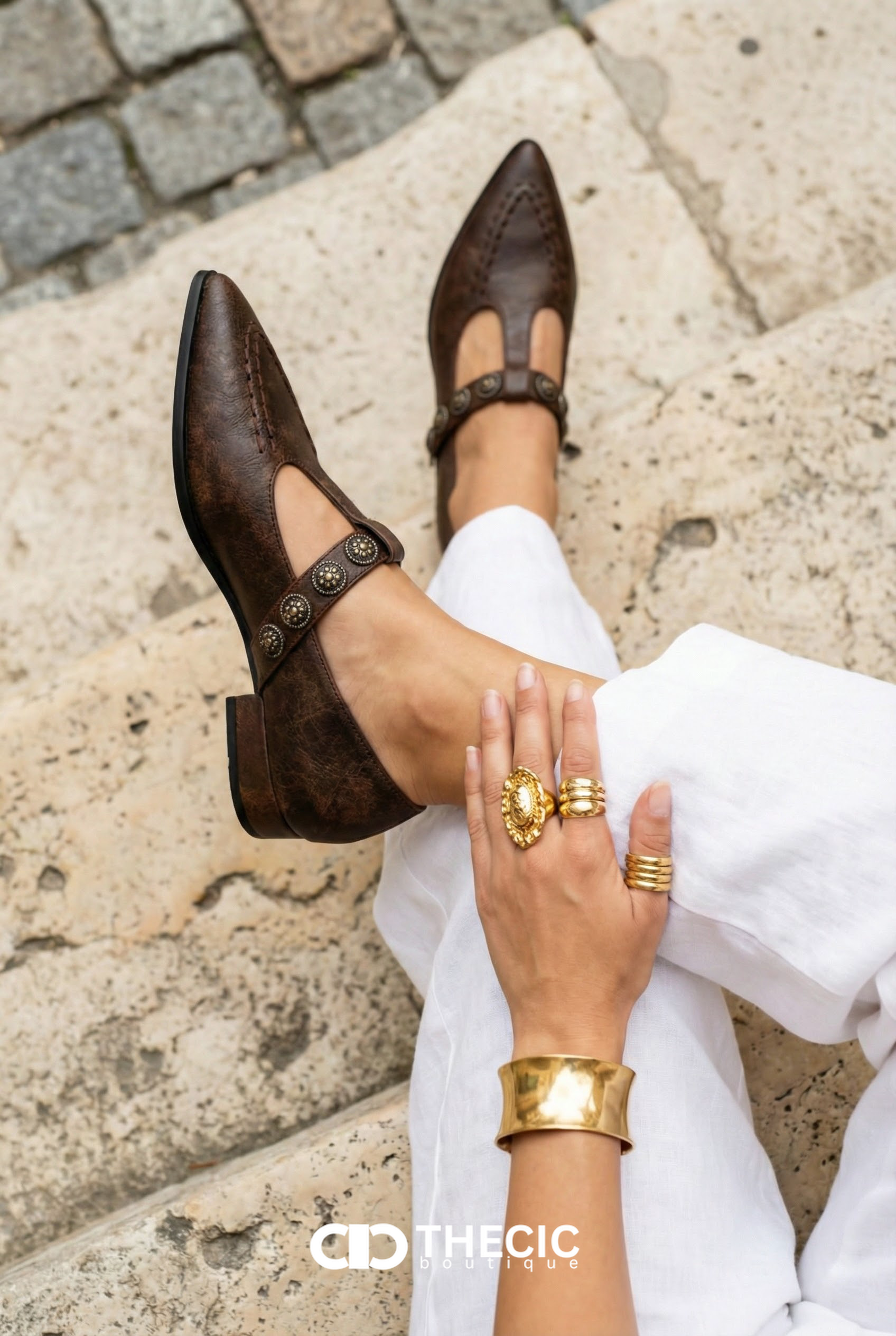 Artisan Embellished Pointed T-Strap Leather Flats