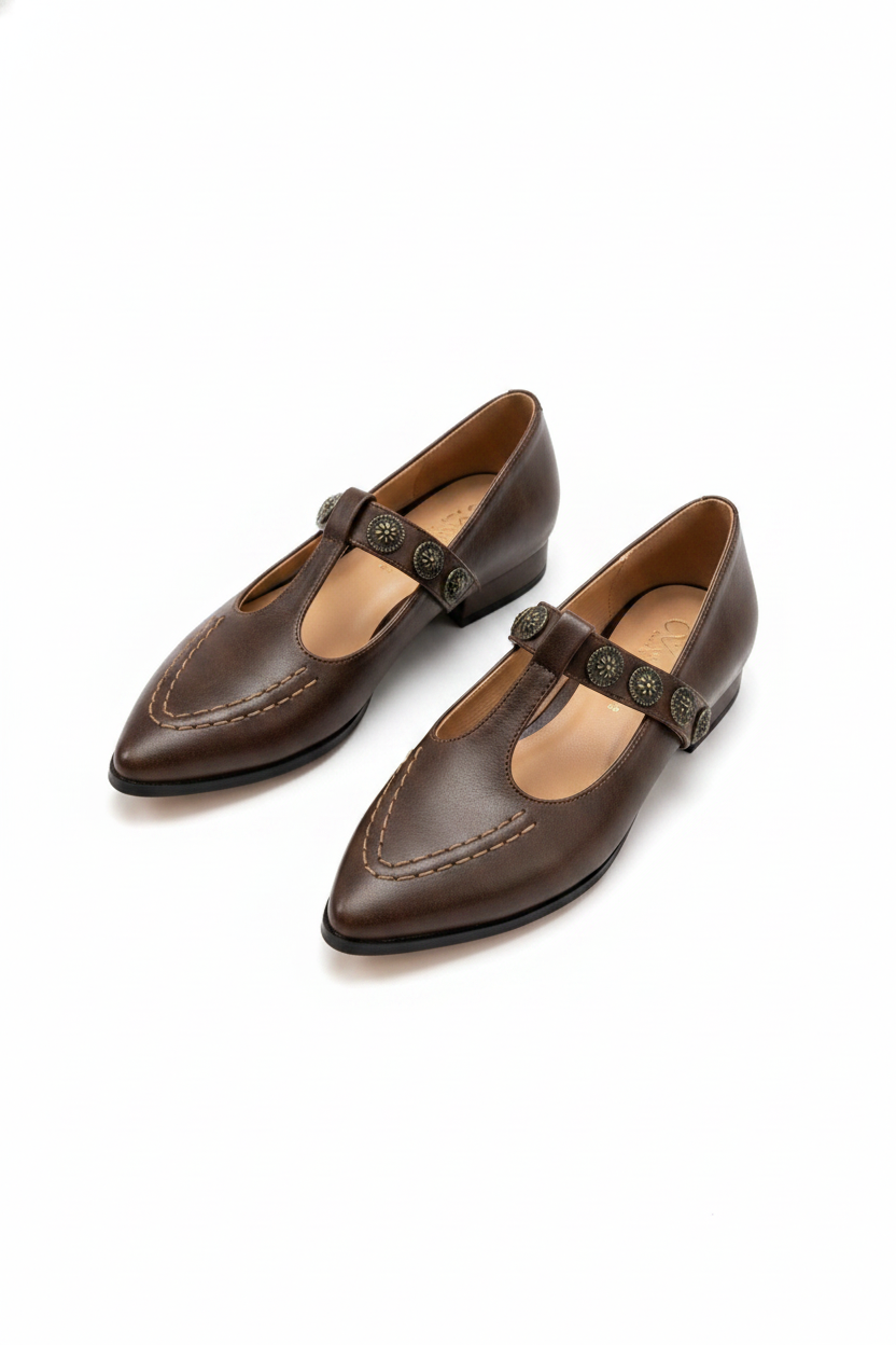Artisan Embellished Pointed T-Strap Leather Flats