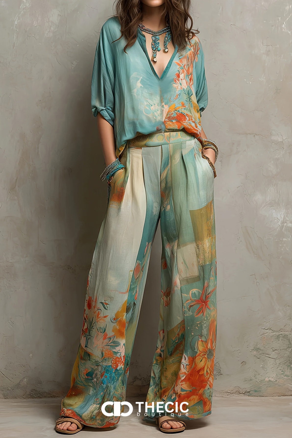 Artistic Floral Print Relaxed Two-Piece Set