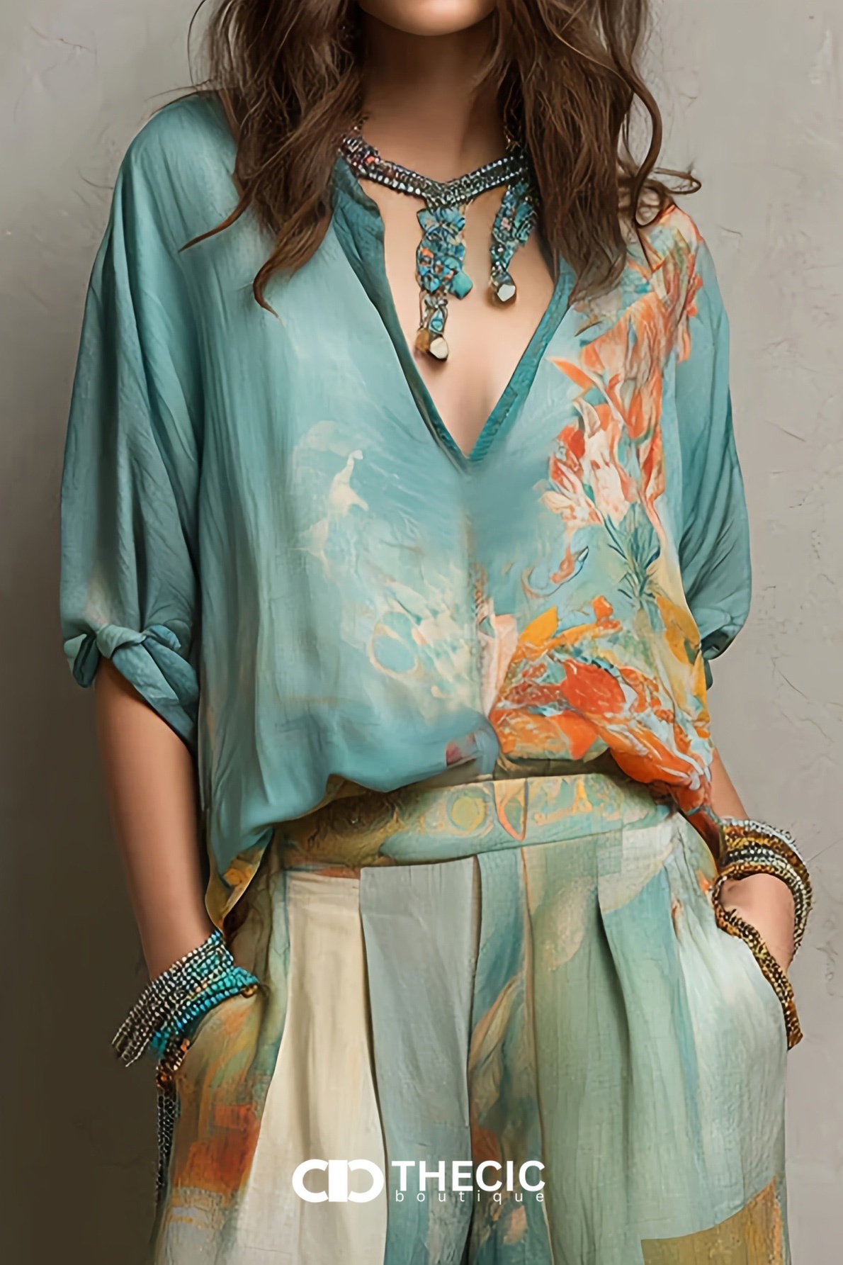 Artistic Floral Print Relaxed Two-Piece Set
