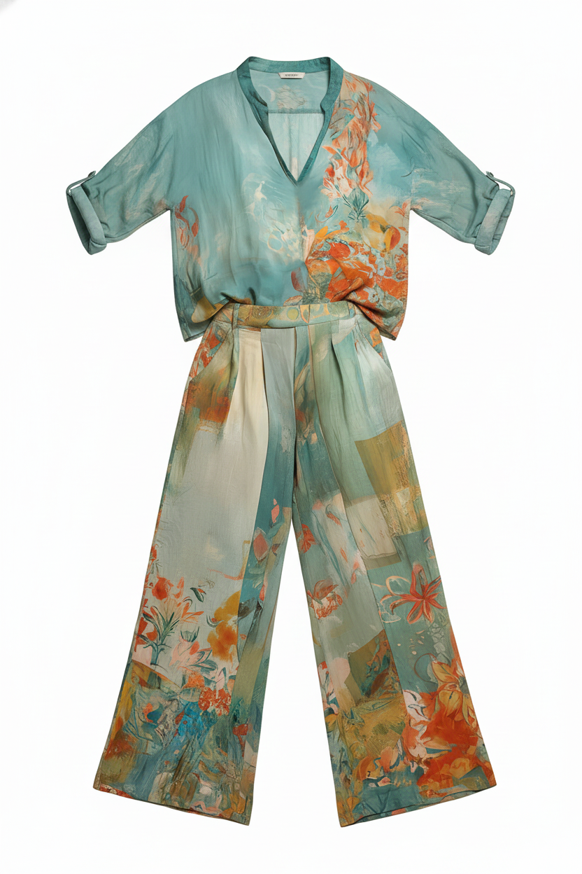 Artistic Floral Print Relaxed Two-Piece Set