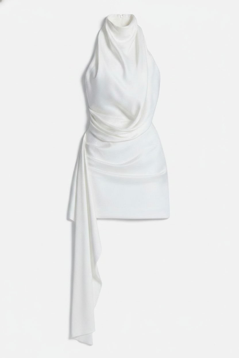Asymmetric Draped Halter Neck Cowl Mini Dress